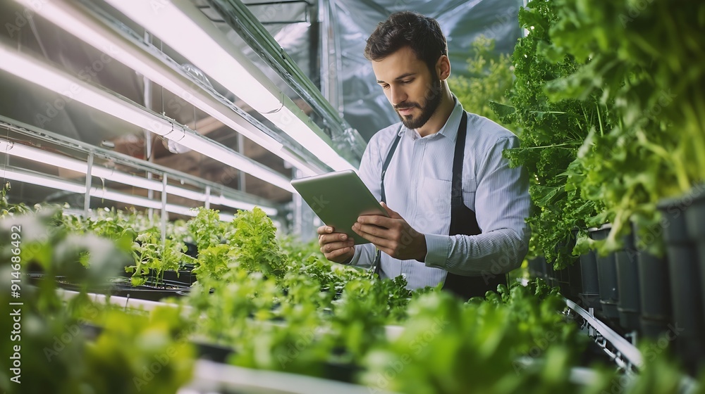 Professional Male Bioengineer Examining Crops on Modern Vertical Farm ...