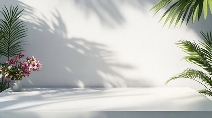 Poster - White table and abstract geometric wall background with flowers and palm leaves shadows overlay Abstract gray studio background for product presentation 3d room with copy space Summer  : Generative AI