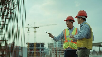 Poster - Civil engineer with personal safety equipment checking and consult with construction site foreman technician for inspect building construct process during follow up process Engineering : Generative AI