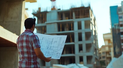 Poster - Architect man checking about the building plan and see how the construction progressive at the construction site : Generative AI