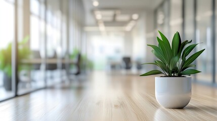 Aufkleber - Light blur Minimalist Open Space Office background Blurred Modern contemporary office and meeting room interior design with panoramic glass windows and green plant inside and Wooden fl : Generative AI