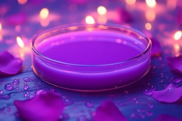 Sticker - Mysterious purple petri dish in a scientific setting glowing vibrantly under a microscopes revealing light