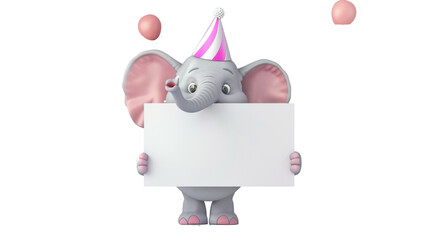 Cartoon birthday elephant holding a blank sign on transparent background