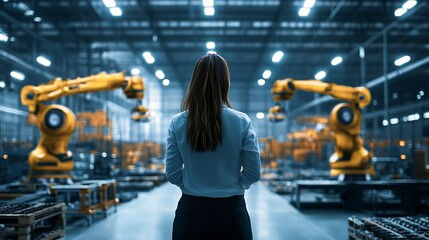 Fototapete - Female project manager standing in modern industrial factory Manufacturing facility with robotics robotic arms and automation Storing products and materials in warehouse : Generative AI