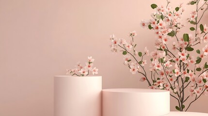 Aufkleber - Podium stand showcase on pastel light pink background and flowers for premium product with nature plant leaves3d render : Generative AI