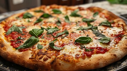 Wall Mural - A pizza with basil leaves on top