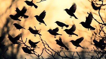 A flock of sparrows takes off, the silhouettes.