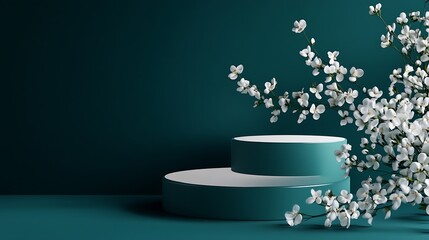 Aufkleber - Podium stand showcase and delicate white flowers on dark teal background Scene to show cosmetic products Mock up Trendy color 2023 : Generative AI