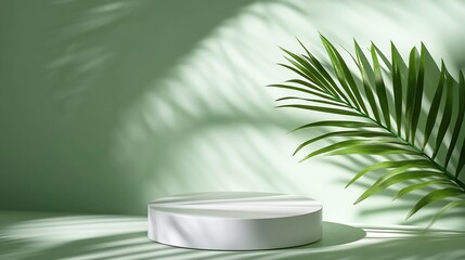 Aufkleber - Minimal abstract background for the presentation of a cosmetic product Empty premium podium with a shadow of tropical palm leaves on a green background Showcase display case : Generative AI