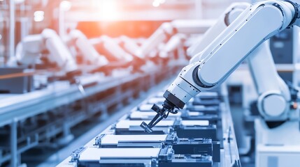 Poster - LithiumIon EV Battery Pack Assembly Process Electric Car Manufacturing Inside Automotive Factory Row of Industrial Robotic Arms at Automated Production Line at Bright Modern Factory : Generative AI