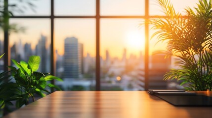 Aufkleber - Blur background of office interior with large windows with city urban view plants and wooden desks at sunset Modern workplace and urban greenery concept Design for poster wallpaper Spa : Generative AI