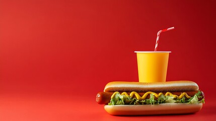 Tasty hotdog with hot sausage served mustard and ketchup and green salad with fried potato and drink against vivid red background Concept of fast food street food menu catering take aw : Generative AI