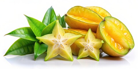 Fresh and exotic star fruit or carambola on white background , tropical, healthy, vibrant, tropical fruit, yellow, juicy