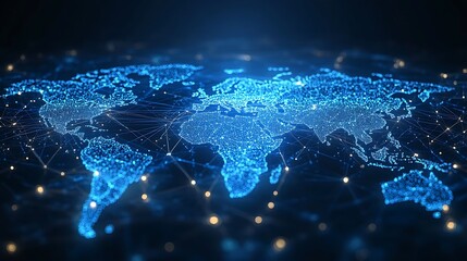 Blue abstract digital map of world map with lines and dots connected. Suitable for travel, navigation, cartography, geography, cyber technology concepts, data transfer and business information network