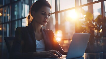 Aufkleber - Cropped image of professional businesswoman working at her office via laptop young female manager using portable computer device while sitting at modern loft flare light work process c : Generative AI