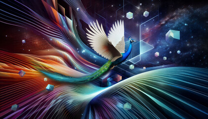 A peacock soaring in a multi-dimensional space with an abstract geometric background and flowing 3D shapes.