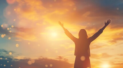 Woman raising his hands in worship Christian Religion concept Silhouette woman on sunrise background Christian female prayers to God in faith Women raise hands in praise with faith and : Generative AI