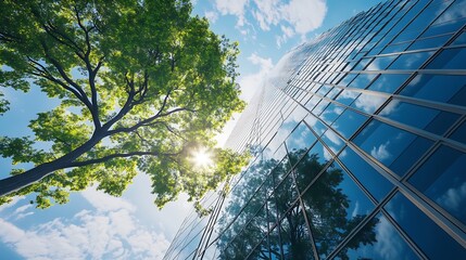 Poster - Ecofriendly building in the modern city Sustainable glass office building with tree for reducing heat and carbon dioxide Office building with green environment Corporate building reduc : Generative AI