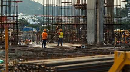 Fototapete - Two Asian engineer working at site of a large building projectThailand peopleWork overtime at construction siteTeam of engineer discus at site : Generative AI