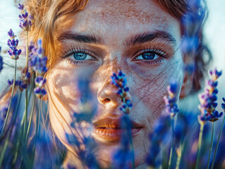 Wall Mural - A woman with blue eyes and red hair is surrounded by purple flowers. The flowers are in full bloom and the woman is standing in the middle of them. Concept of beauty and serenity