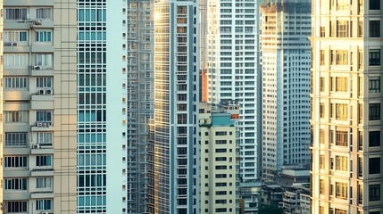 Poster - Closeup image of Bangkok cityscape Modern cityscape surrounded with architectural building with day light and blue sky Side view Business background Day light Ornamented : Generative AI