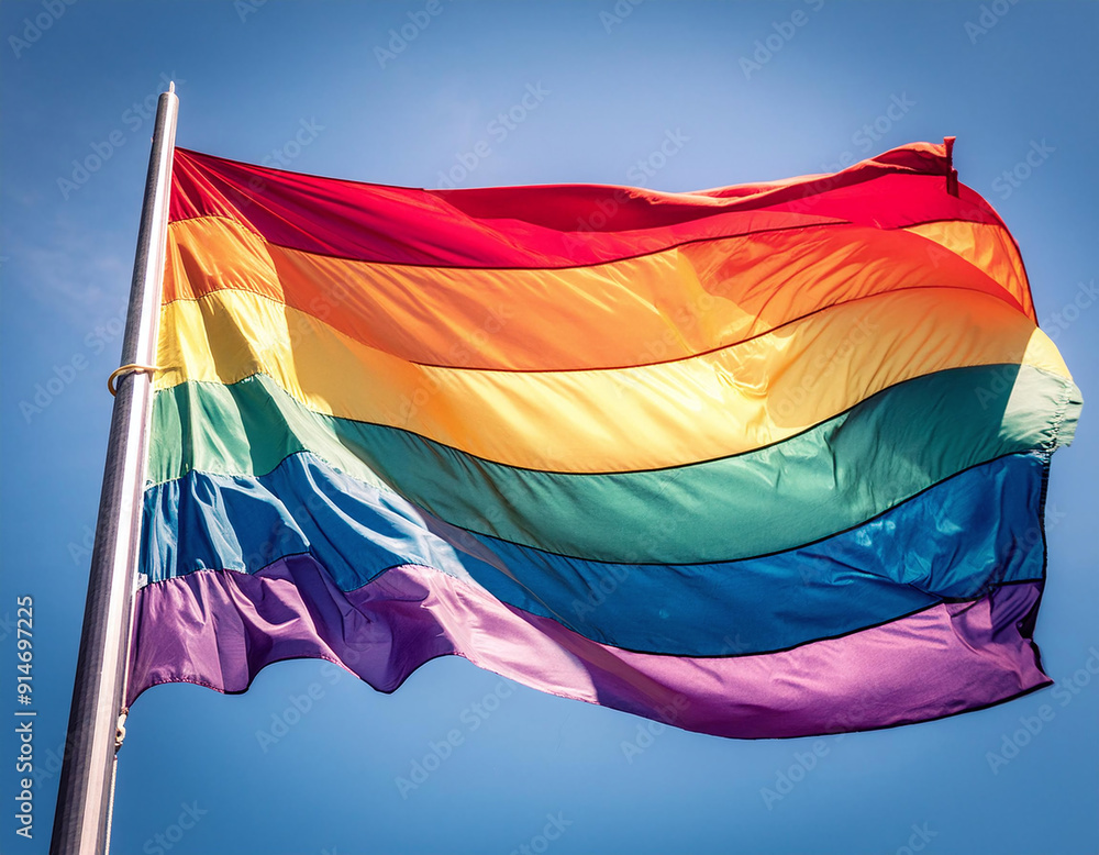 Rainbow flag waving proudly in blue sky with white clouds Stock ...