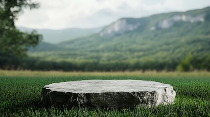 Poster - Abstract 3d render platform and mockup natural background Stone podium on the grass field backdrop meadow mountain for product stand display advertising or etc : Generative AI