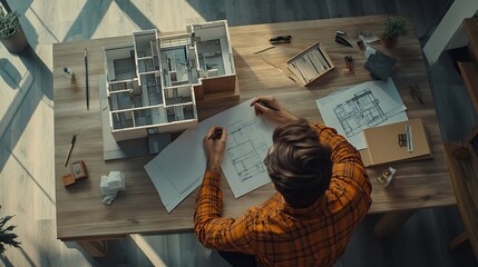 Aufkleber - Top view of skilled civil engineer sitting and writing idea while looking at house model Aerial view of architect or designer planning and thinking about creative building construction : Generative AI