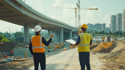 Poster - The chief civil engineer is introducing inspection of a road or expressway construction project under the road to an intern At the expressway construction site : Generative AI