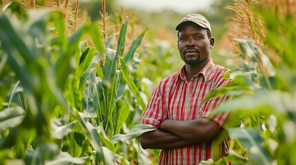 Poster - African Farmer stand in the corn plantation field : Generative AI