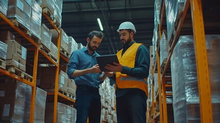 Aufkleber - Men tablet and inspection for stock in warehouse with teamwork inventory check and logistics business Quality assurance tech and team discussion in factory for export industry and ecom : Generative AI