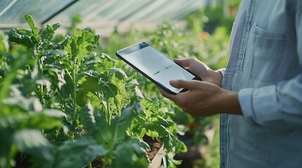 Poster - Agriculture uses production control tablets to monitor quality vegetables at greenhouse Smart farmer using a technology for studying : Generative AI