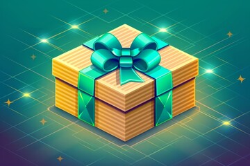 Wall Mural - neon lit futuristic gift box with glowing ribbons on a digital grid ideal for modern celebratory con