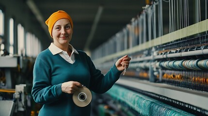 Aufkleber - Portrait of experienced worker in textile factory holding thread spool and standing by industrial knitting machine : Generative AI