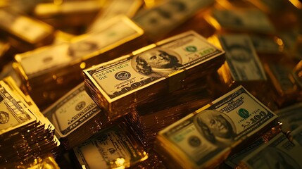 Leinwandbilder - Gold bullion over 100 us dollar money investment and wealth concept Closeup : Generative AI