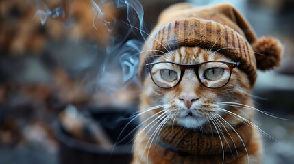 A cat wearing a hat and glasses is standing in front of a fire