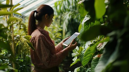Aufkleber - Woman agronomist collecting data analysing growth of plants on plantation tablet Professional agronomical scientist inspecting quality of trees in greenhouse Horticultural production a : Generative AI