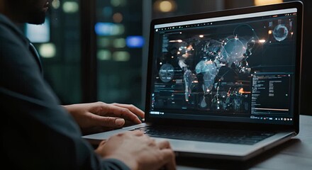 Hacker Working on Laptop with Global Network Map