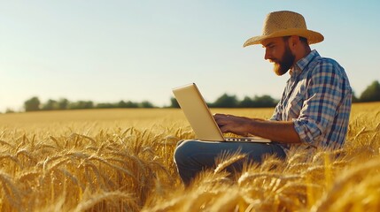 Aufkleber - A farmer using laptop for smart farmingMan agronomist farmer with laptop computer in wheat field using apps and internetselective focusBanneradvertisement : Generative AI