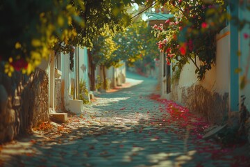 Canvas Print - A cobblestone street lined with white buildings and flowers. AI.