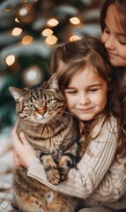 Poster - A girl hugs a tabby cat. AI.