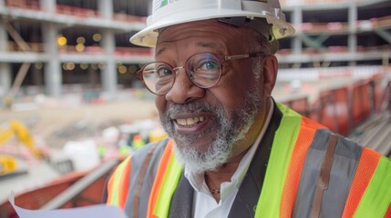 Poster - A construction worker smiles while looking at a plan. AI.