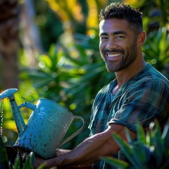 Poster - A man smiles while watering plants. AI.