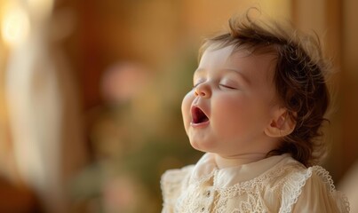 Poster - A baby with eyes closed, mouth open, and a blissful expression. AI.