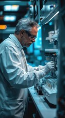 Wall Mural - A scientist works in a lab, carefully handling test tubes. AI.