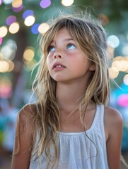 Poster - A young girl with long blonde hair looks up at the sky with a curious expression. AI.