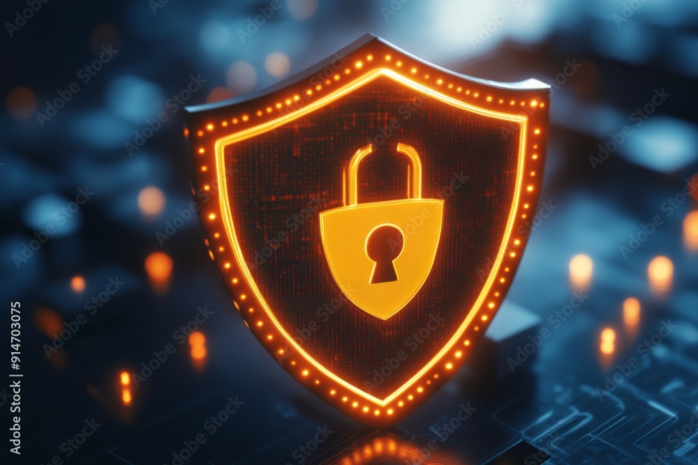 Abstract digital art of a shield symbol representing cybersecurity data ...