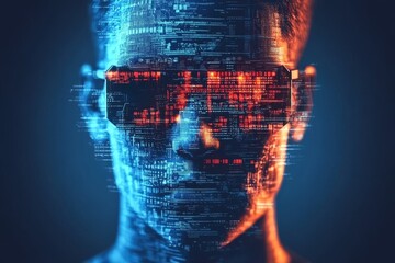 Poster - Digital representation of a face made of binary code illustrating the integration of human identity and technology in a futuristic cybernetic world