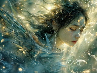 Wall Mural - A woman with long hair is floating in a body of water. The water is illuminated with a blue and gold color