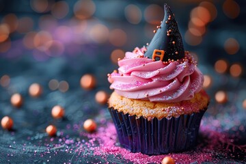 Wall Mural - Pink and Black Halloween Cupcake with a Witch Hat